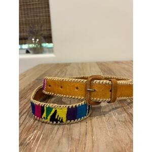 Vtg Women's Belt Tapestry Colorful Woven‎ Leather Aztec Western